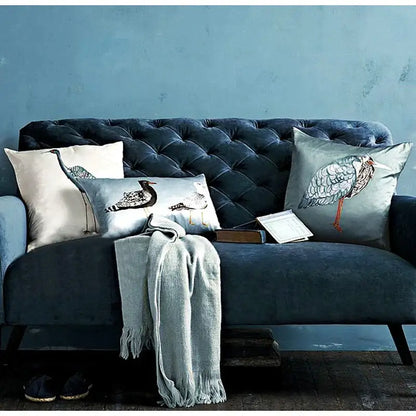 Light blue heron embroidered silk throw pillow cover living room