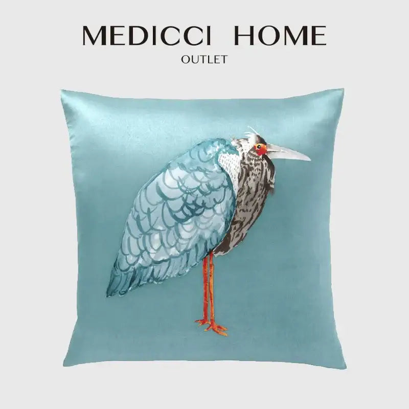 Light blue heron embroidered silk throw pillow cover living room