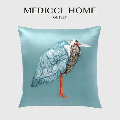 Light blue heron embroidered silk throw pillow cover living room