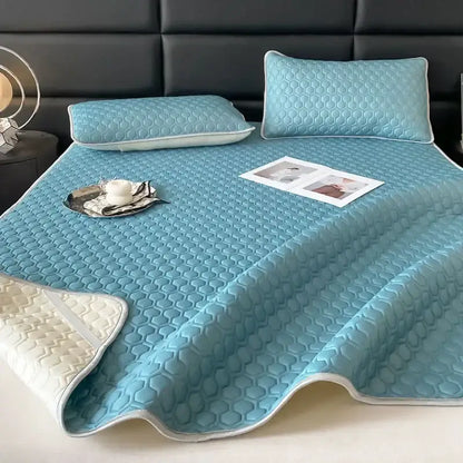 Light blue hexagonal cooling latex filled bed mat set – bedroom