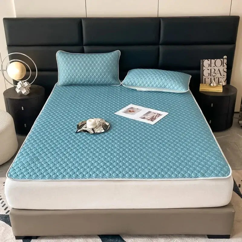 Light blue hexagonal cooling latex filled bed mat set – bedroom