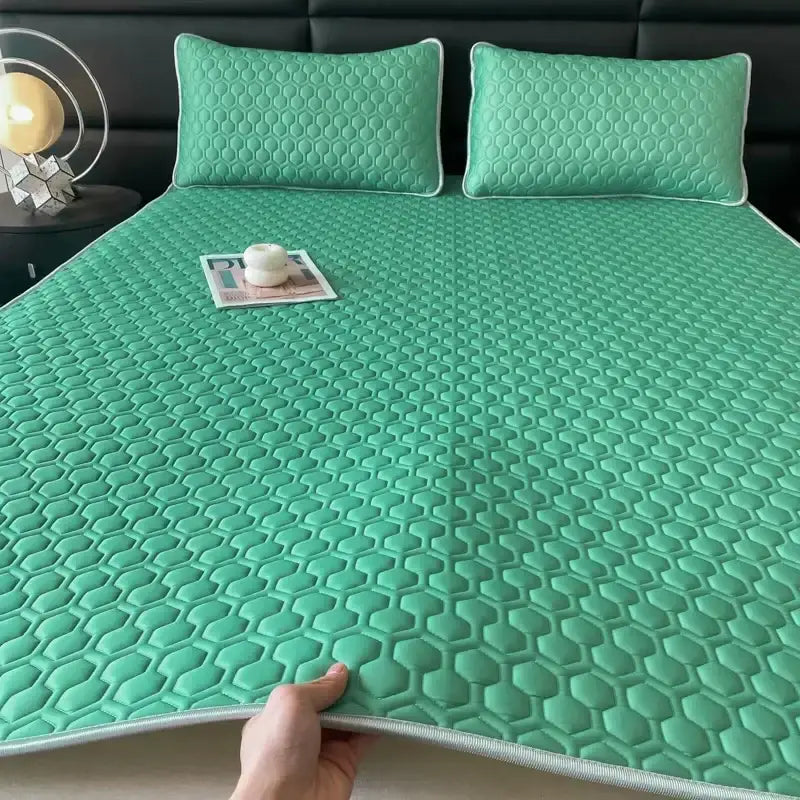 Light blue hexagonal cooling latex filled bed mat set – bedroom