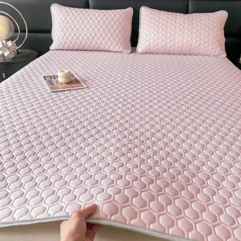 Light blue hexagonal cooling latex filled bed mat set – bedroom