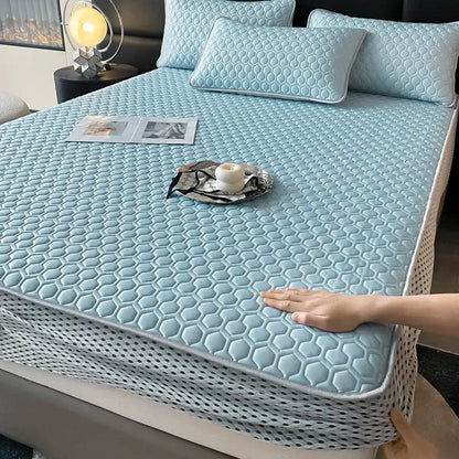 Light blue hexagonal ice silk cooling bed mat set bedroom mattress pad