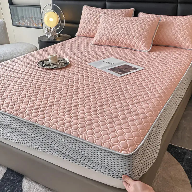 Light blue hexagonal ice silk cooling bed mat set bedroom mattress pad
