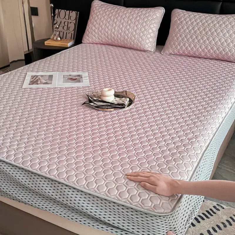 Light blue hexagonal ice silk cooling bed mat set bedroom mattress pad