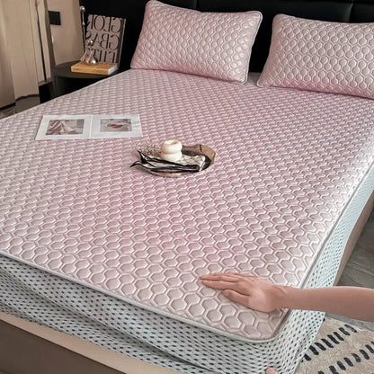 Light blue hexagonal ice silk cooling bed mat set bedroom mattress pad