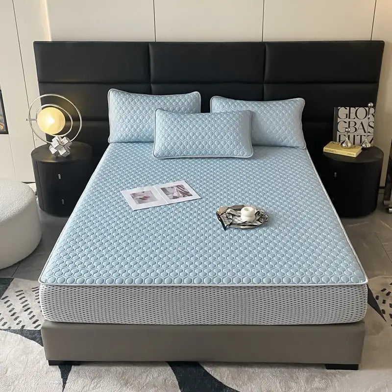 Light blue hexagonal ice silk cooling bed mat set bedroom mattress pad