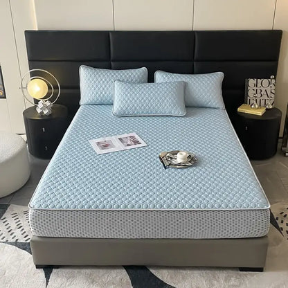 Light blue hexagonal ice silk cooling bed mat set bedroom mattress pad