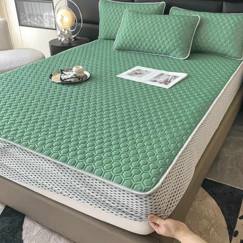 Light blue hexagonal ice silk cooling bed mat set bedroom mattress pad