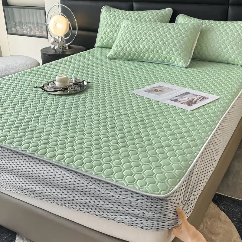 Light blue hexagonal ice silk cooling bed mat set bedroom mattress pad