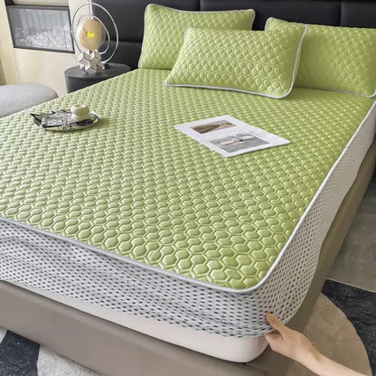 Light blue hexagonal ice silk cooling bed mat set bedroom mattress pad