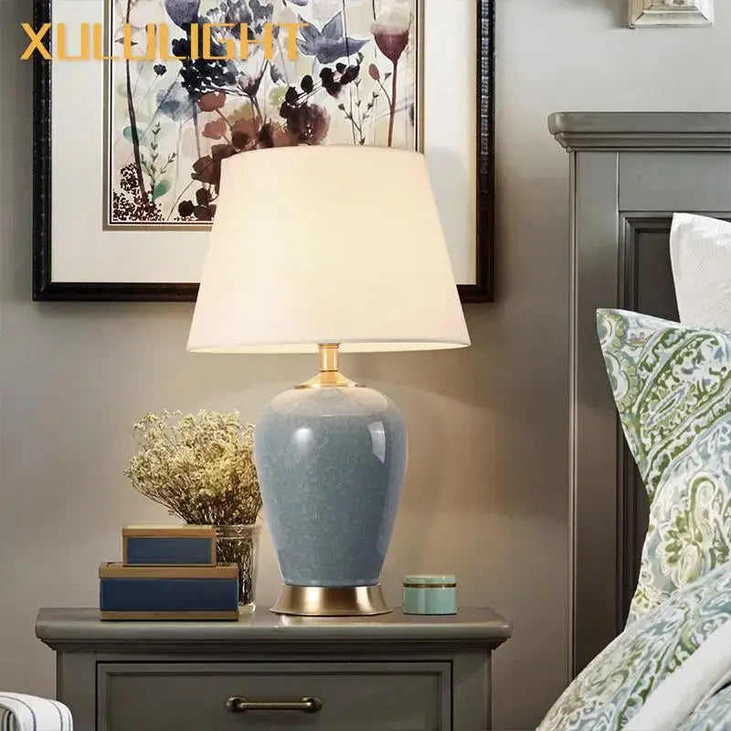 Light blue ice crack ceramic table lamp for bedroom with gold base