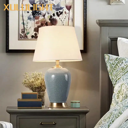 Light blue ice crack ceramic table lamp for bedroom with gold base
