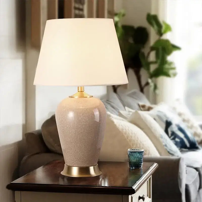 Light blue ice crack ceramic table lamp for bedroom with gold base