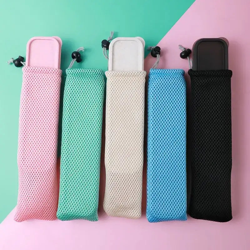 Light blue mesh cotton linen cutlery case for dining room travel