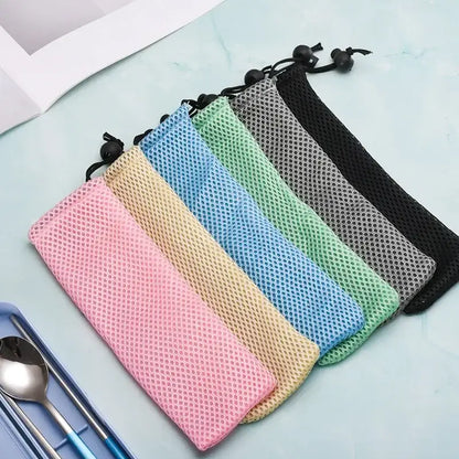 Light blue mesh cotton linen cutlery case for dining room travel