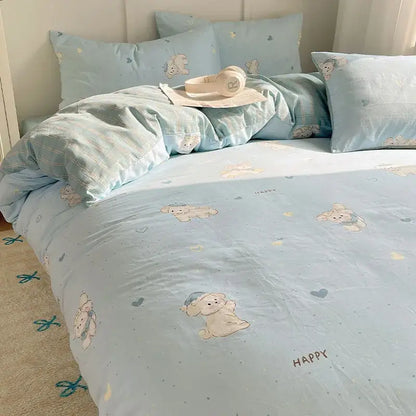 Light blue puppy cartoon pattern bedding set bedroom cotton sheets