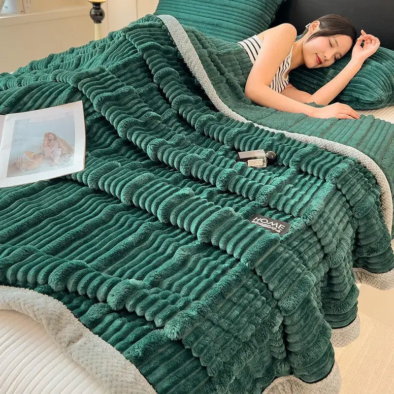 Light blue ribbed cozy faux rabbit plush blanket bedroom shawl
