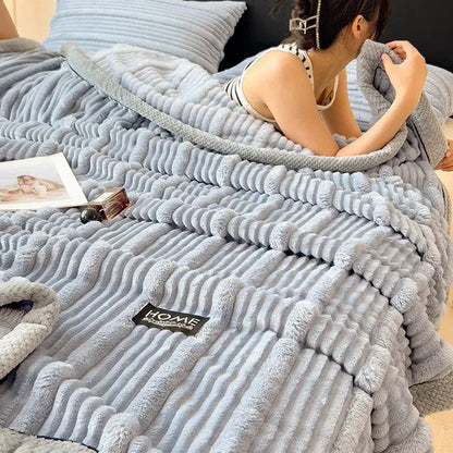 Light blue ribbed cozy faux rabbit plush blanket bedroom shawl