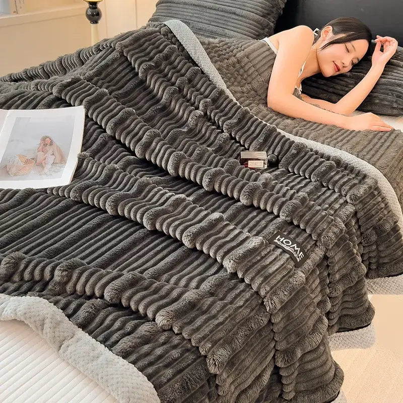 Light blue ribbed cozy faux rabbit plush blanket bedroom shawl