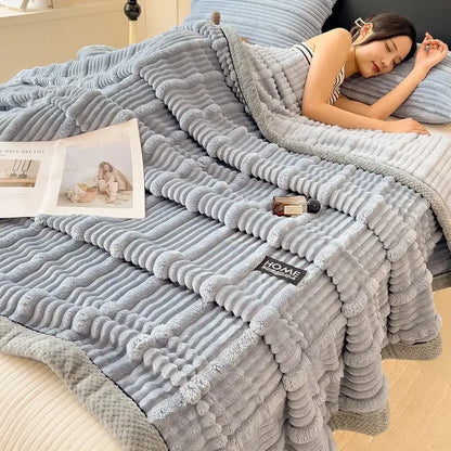 Light blue ribbed cozy faux rabbit plush blanket bedroom shawl