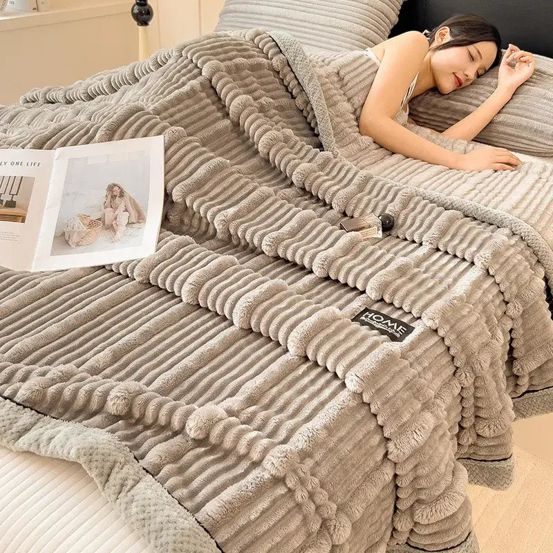 Light blue ribbed cozy faux rabbit plush blanket bedroom shawl