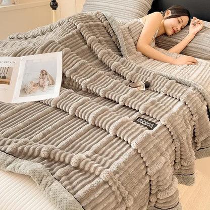 Light blue ribbed cozy faux rabbit plush blanket bedroom shawl