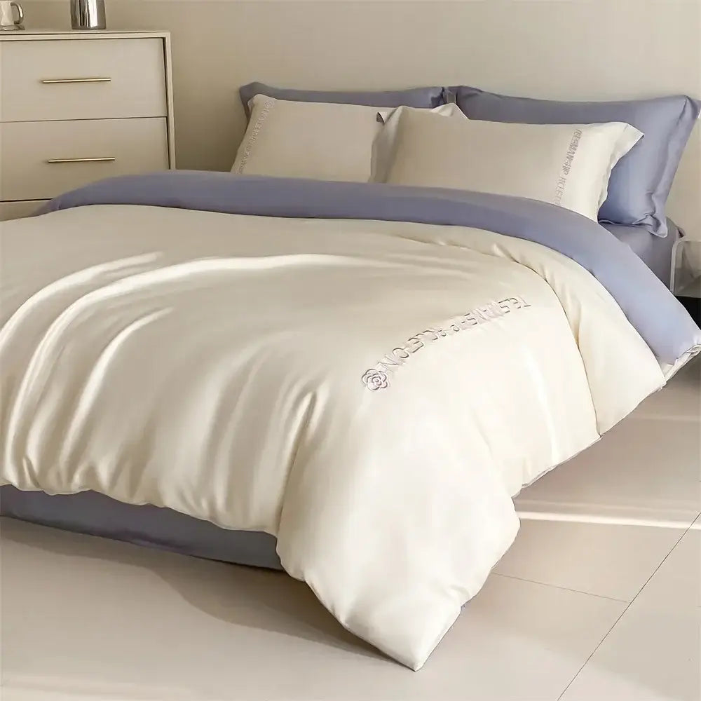 Light blue satin cotton embroidery bedding set bedroom duvet kit