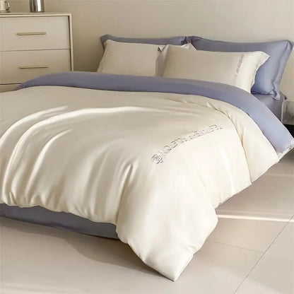 Light blue satin cotton embroidery bedding set bedroom duvet kit