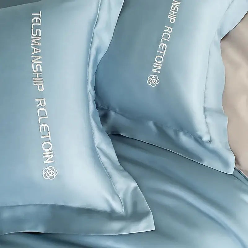 Light blue satin cotton embroidery bedding set bedroom duvet kit