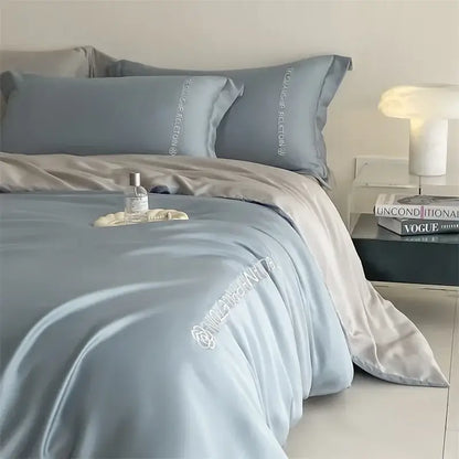 Light blue satin cotton embroidery bedding set bedroom duvet kit