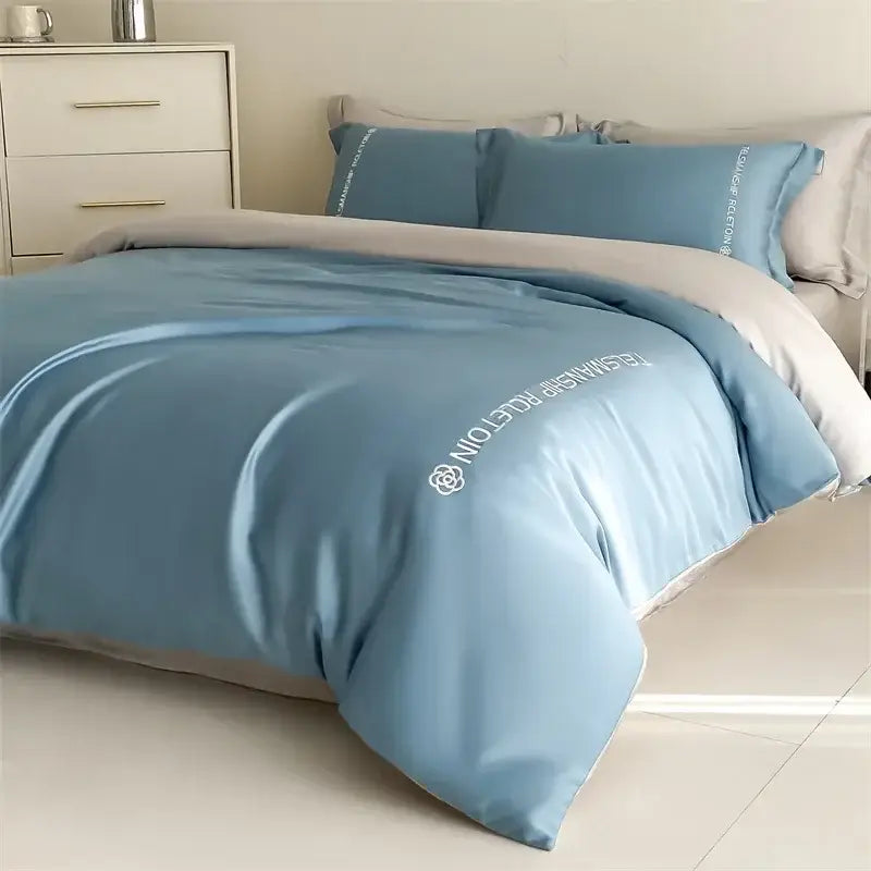 Light blue satin cotton embroidery bedding set bedroom duvet kit