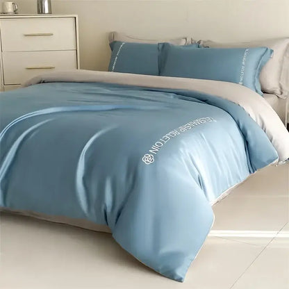 Light blue satin cotton embroidery bedding set bedroom duvet kit