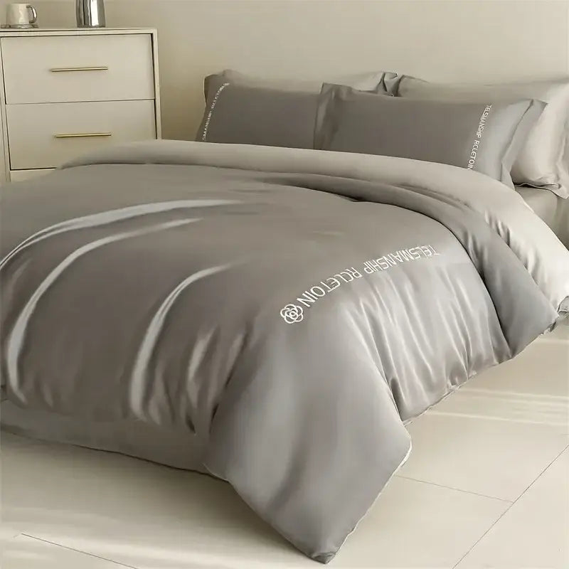 Light blue satin cotton embroidery bedding set bedroom duvet kit