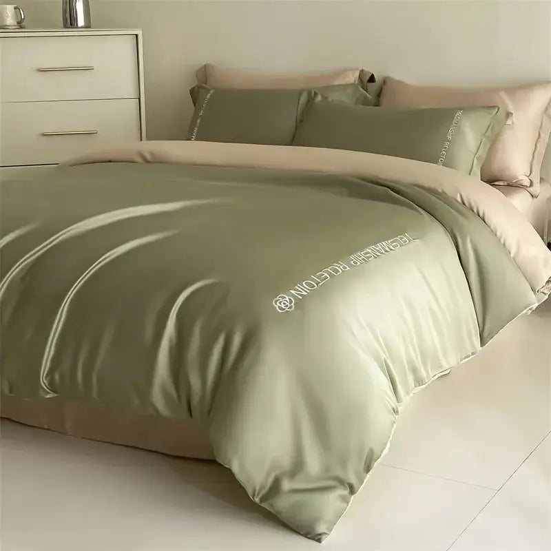 Light blue satin cotton embroidery bedding set bedroom duvet kit