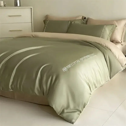 Light blue satin cotton embroidery bedding set bedroom duvet kit