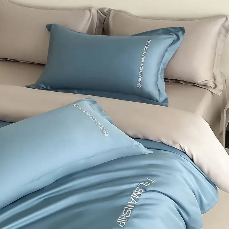 Light blue satin cotton embroidery bedding set bedroom duvet kit