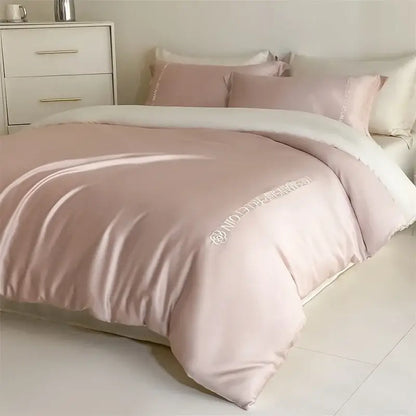 Light blue satin cotton embroidery bedding set bedroom duvet kit