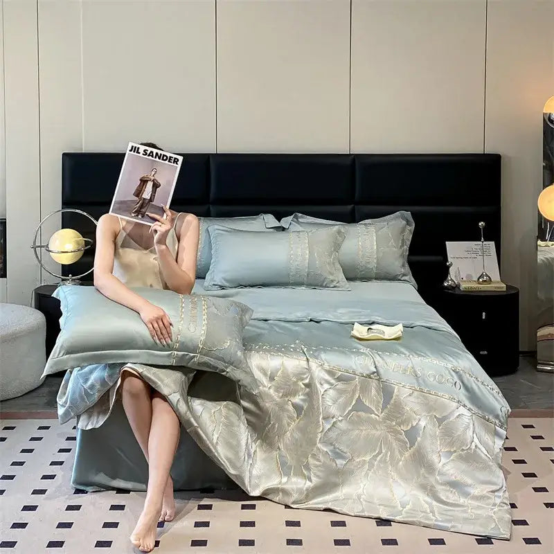 Light blue satin ice silk summer quilt bedroom gold leaf embroidery