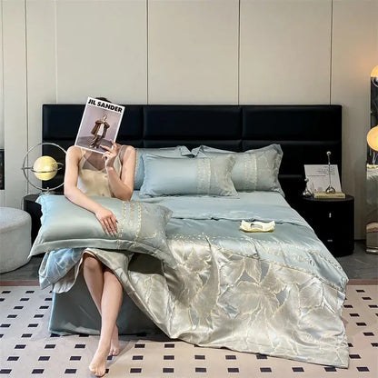 Light blue satin ice silk summer quilt bedroom gold leaf embroidery