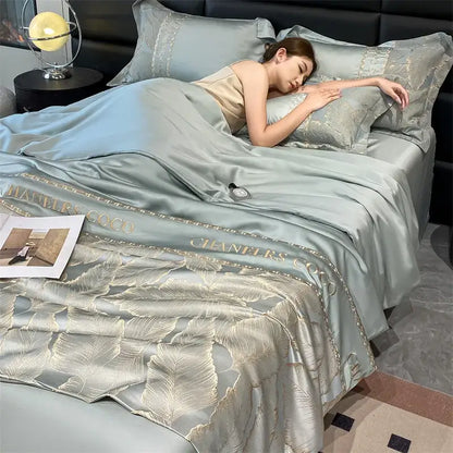 Light blue satin ice silk summer quilt bedroom gold leaf embroidery