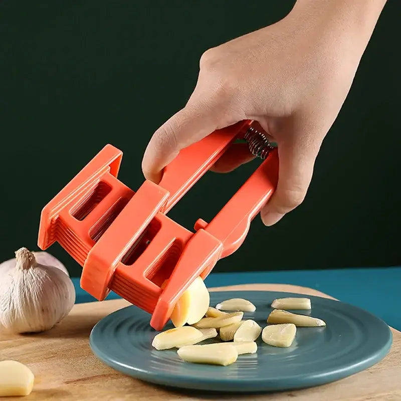 Light blue spring loaded garlic press slicer – kitchen tool