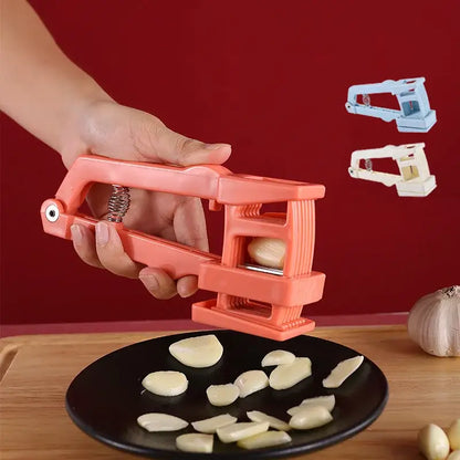 Light blue spring loaded garlic press slicer – kitchen tool