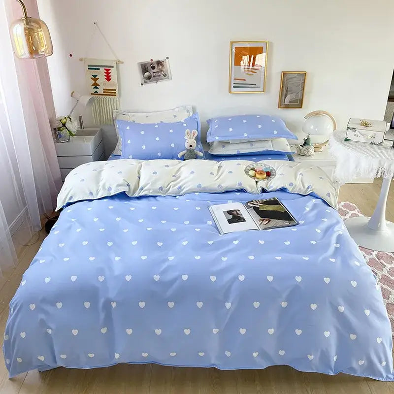 Light blue & white heart print bedding set bedroom duvet cover
