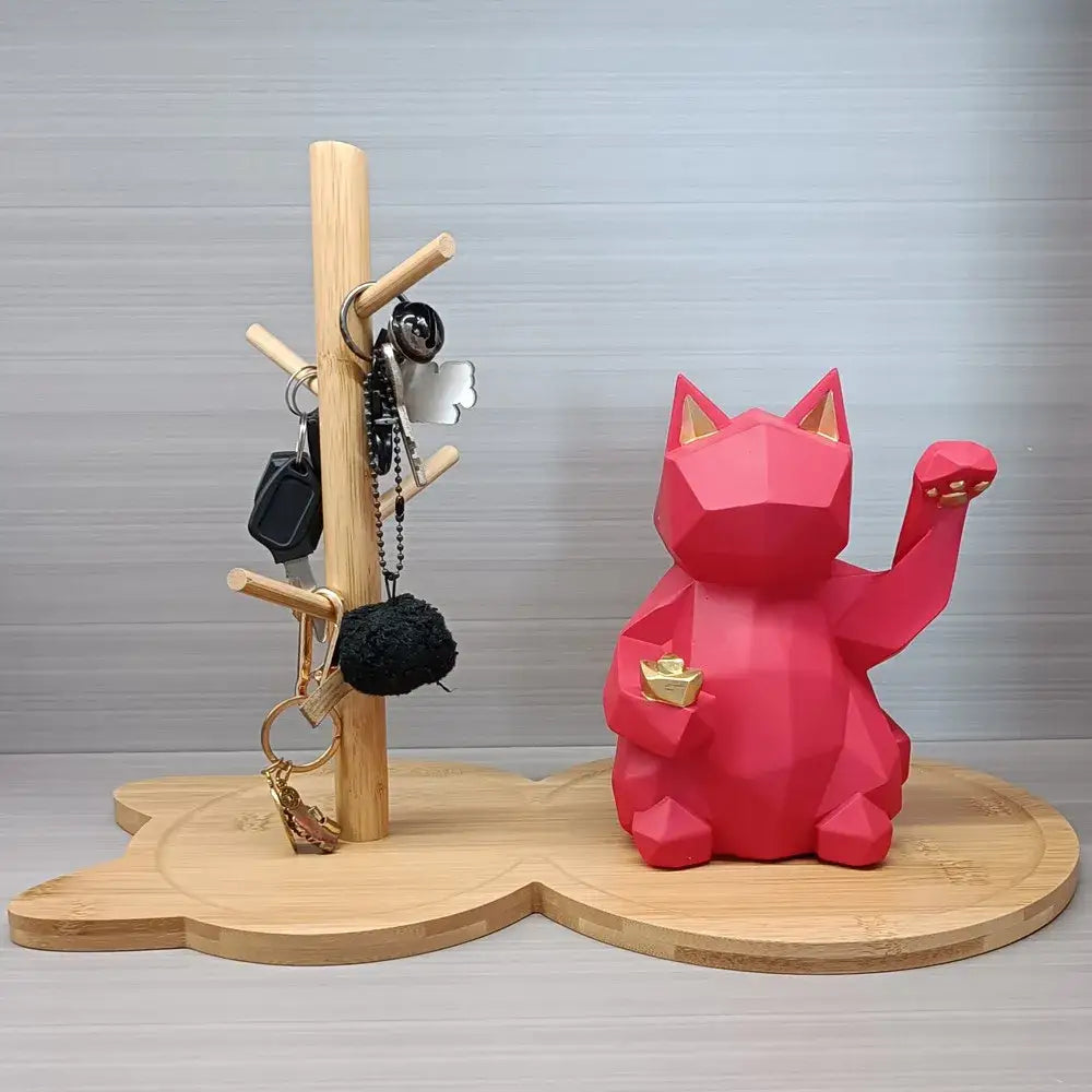 Light brown cat wooden key rack holder – living room storage tree