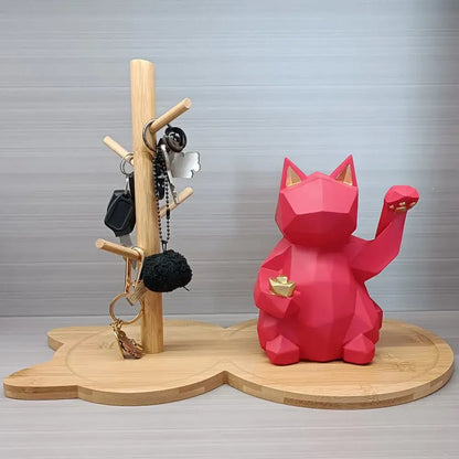 Light brown cat wooden key rack holder – living room storage tree