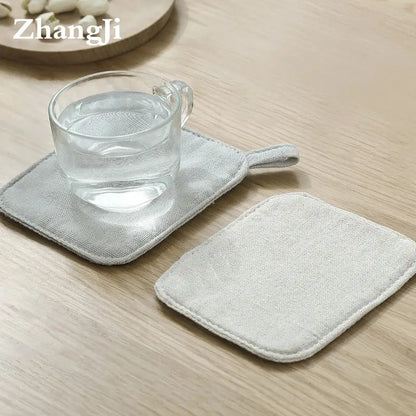 Light gray cotton linen coaster set with handle for dining room