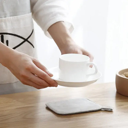 Light gray cotton linen coaster set with handle for dining room