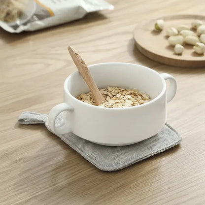 Light gray cotton linen coaster set with handle for dining room